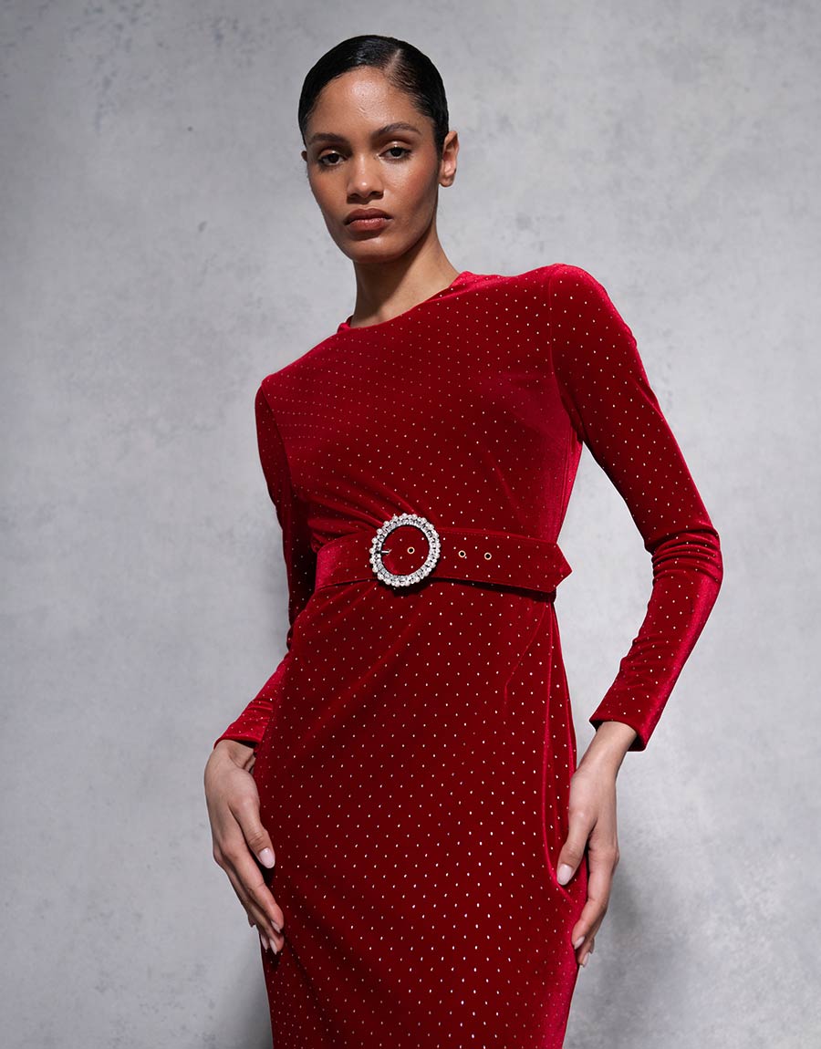 Kiara Velvet Midi Dress - Crystal Burgundy Borgo de Nor Kiara Velvet Midi Dress - Crystal Burgundy Borgo de Nor