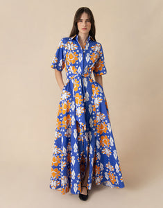Posie Cotton Maxi Dress - Geo Flower Blue - SALE