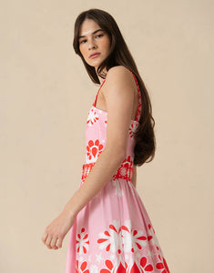 Ninet Cotton Midi Dress - Geo Flower Pink - SALE