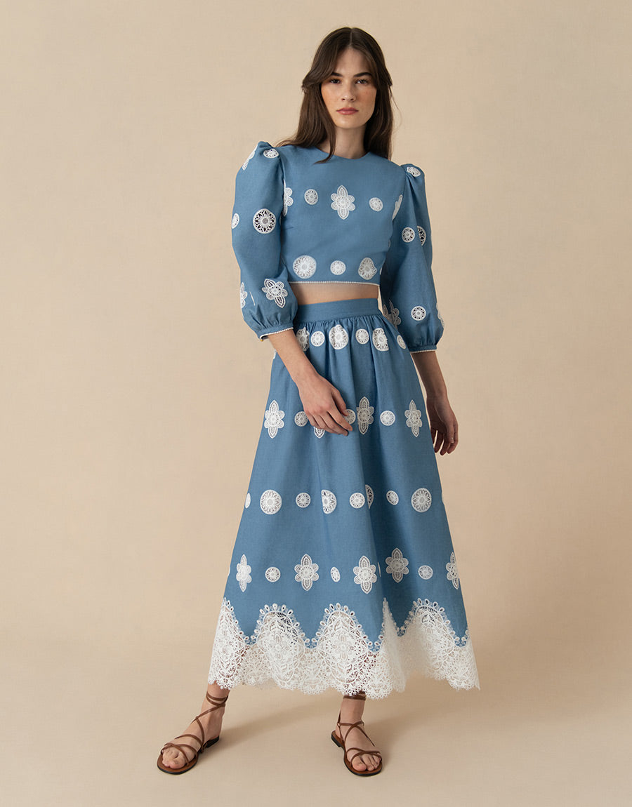 Rhea Denim Midi Skirt - Blue Lace - SALE Borgo de Nor Rhea Denim Midi Skirt - Blue Lace - SALE Borgo de Nor