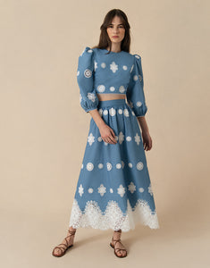 Rhea Denim Midi Skirt - Blue Lace - SALE