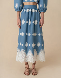 Rhea Denim Midi Skirt - Blue Lace - SALE